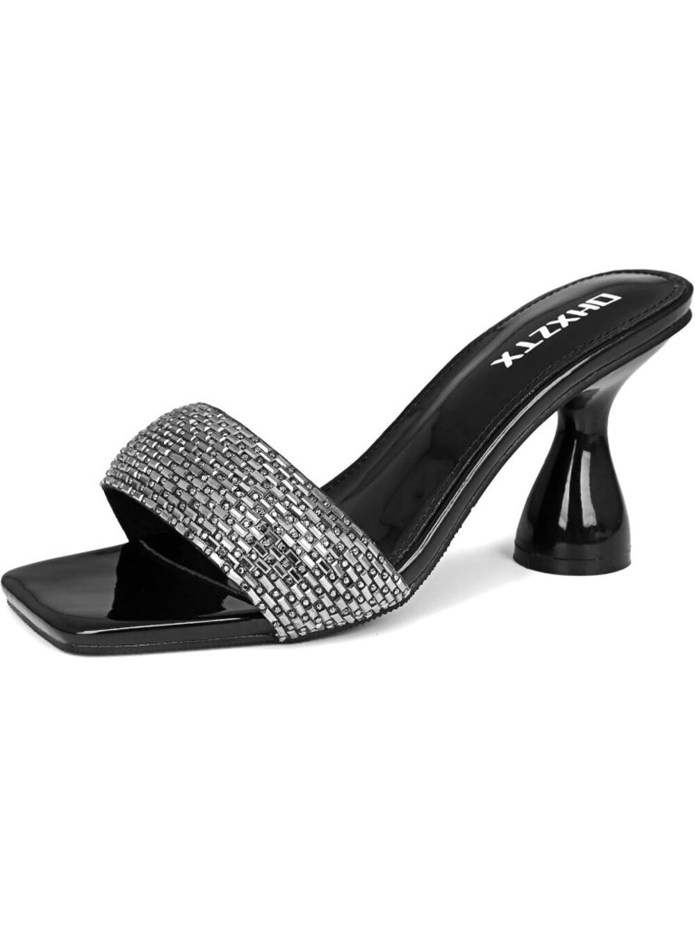 Women's Black Rhinestone Square Open Toe 3.15 IN Kitten Mules Heel Sandals